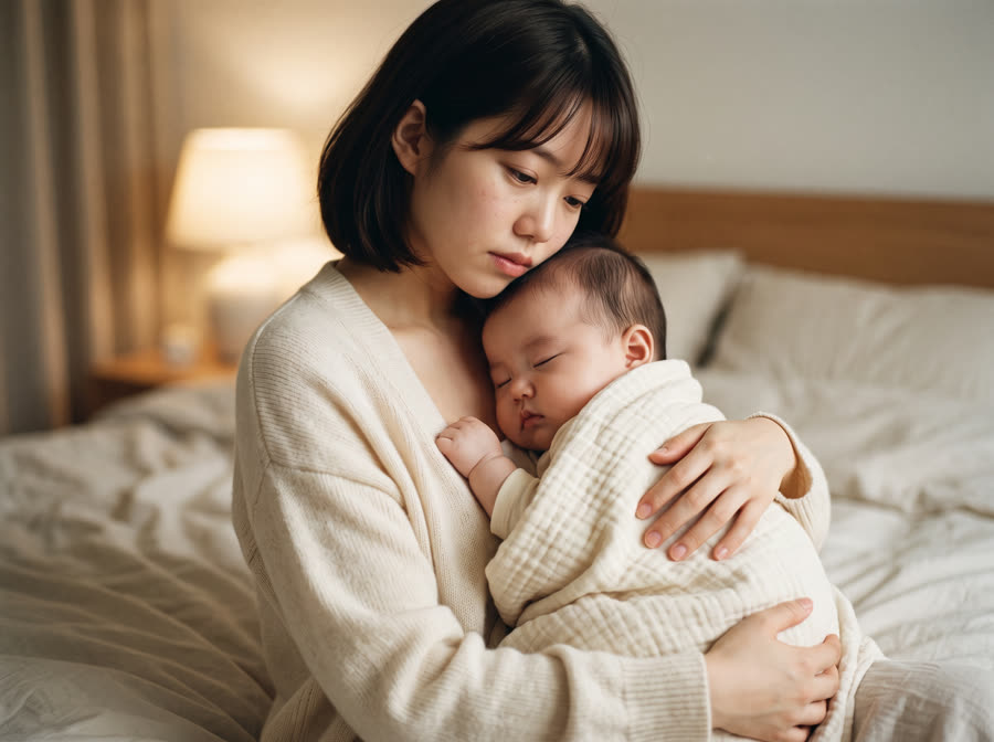 아기를 안고 회복 중인 산모